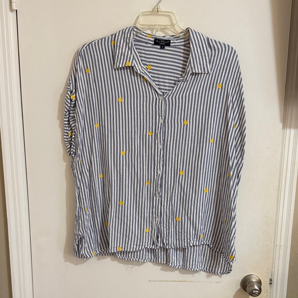 Velvet Heart Blue and White Striped Top with Yellow Floral Embroidery